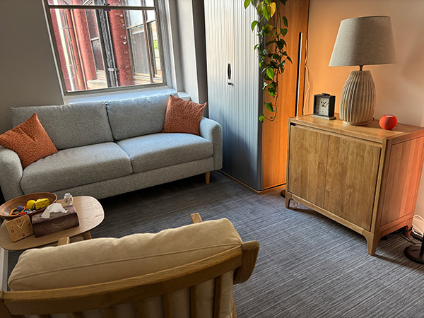 Wide view of office showing sofa, armchair and large window